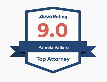 Badge showing a 9.0 Avvo Rating awarded for Top Attorney Pamela Vallero